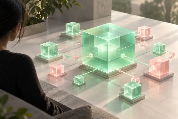 A translucent mint-green model cube connected to smaller mint and pink cubes in a clean isometric technical illustration.