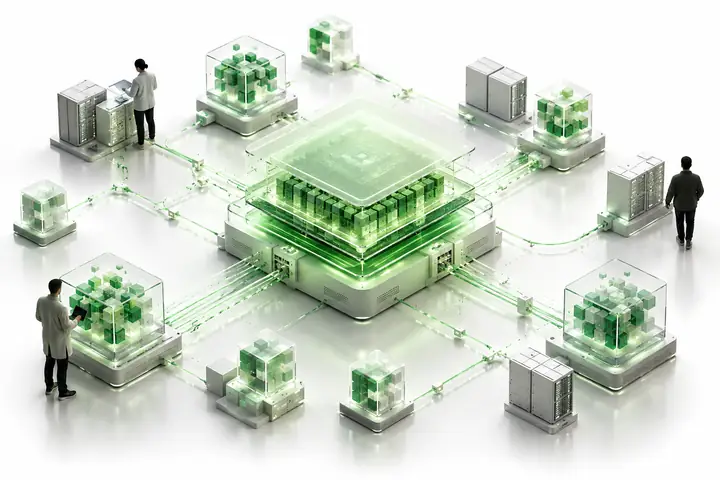 Isometric training infrastructure with a pale-green layered compute core, small data cubes and delicate connecting lines on white.
